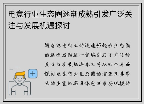 电竞行业生态圈逐渐成熟引发广泛关注与发展机遇探讨