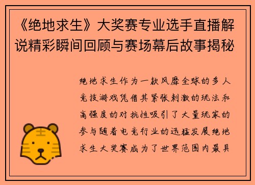 《绝地求生》大奖赛专业选手直播解说精彩瞬间回顾与赛场幕后故事揭秘