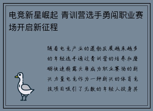 电竞新星崛起 青训营选手勇闯职业赛场开启新征程