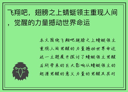 飞翔吧，翅膀之上蜻蜓领主重现人间，觉醒的力量撼动世界命运