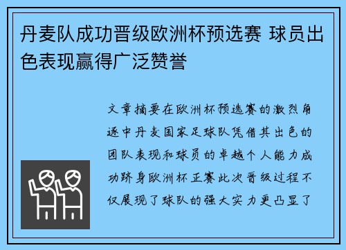 丹麦队成功晋级欧洲杯预选赛 球员出色表现赢得广泛赞誉