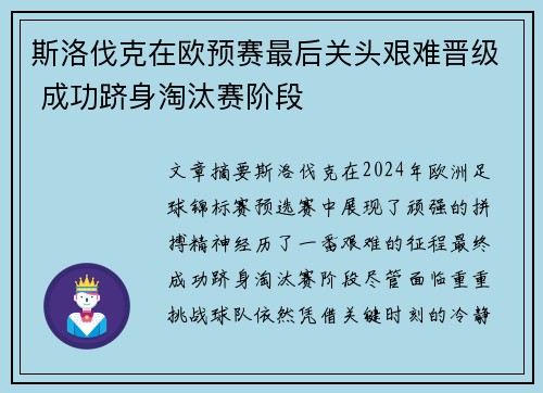 斯洛伐克在欧预赛最后关头艰难晋级 成功跻身淘汰赛阶段