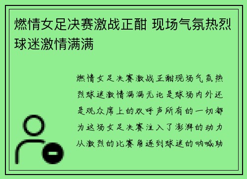 燃情女足决赛激战正酣 现场气氛热烈球迷激情满满