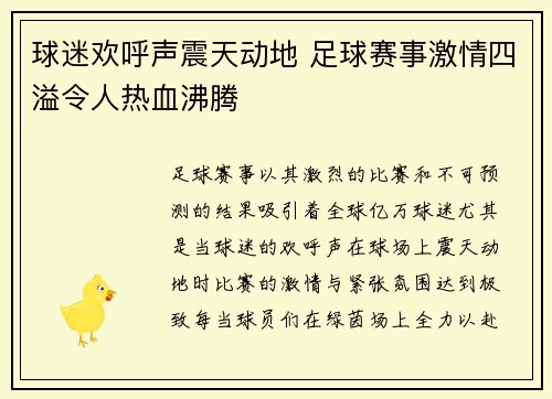 球迷欢呼声震天动地 足球赛事激情四溢令人热血沸腾