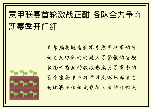意甲联赛首轮激战正酣 各队全力争夺新赛季开门红