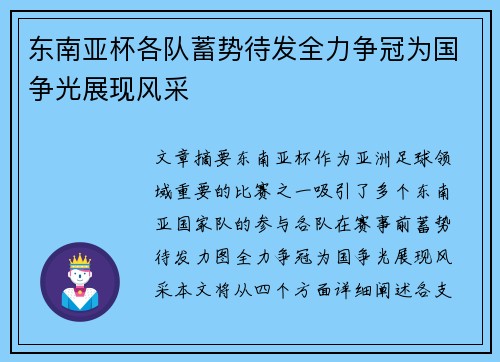 东南亚杯各队蓄势待发全力争冠为国争光展现风采