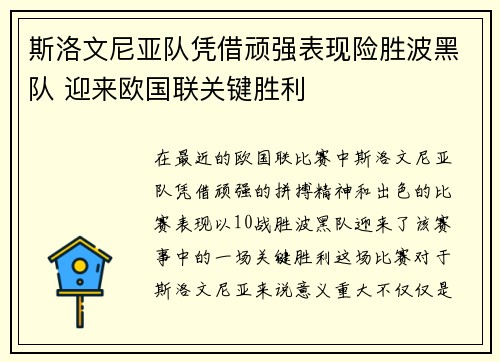 斯洛文尼亚队凭借顽强表现险胜波黑队 迎来欧国联关键胜利