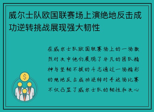 威尔士队欧国联赛场上演绝地反击成功逆转挑战展现强大韧性