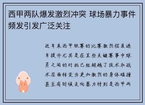 西甲两队爆发激烈冲突 球场暴力事件频发引发广泛关注