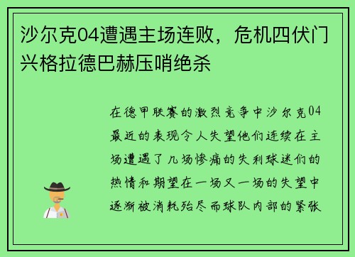沙尔克04遭遇主场连败，危机四伏门兴格拉德巴赫压哨绝杀