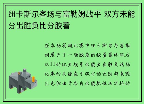 纽卡斯尔客场与富勒姆战平 双方未能分出胜负比分胶着