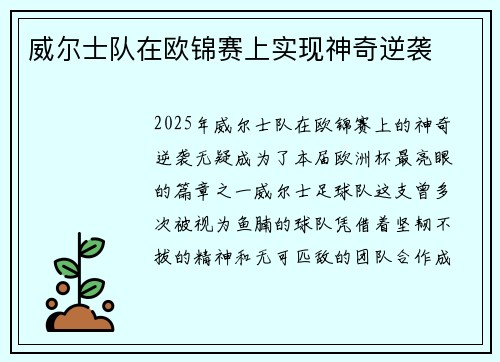 威尔士队在欧锦赛上实现神奇逆袭