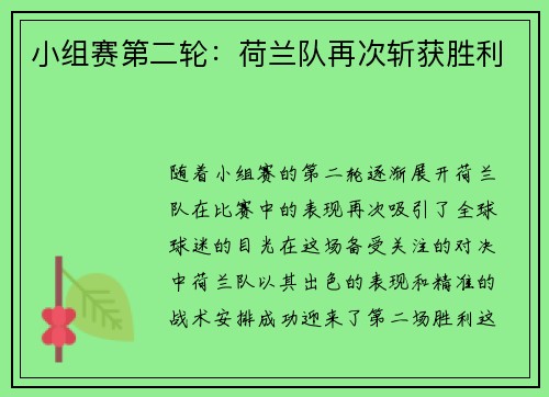 小组赛第二轮：荷兰队再次斩获胜利