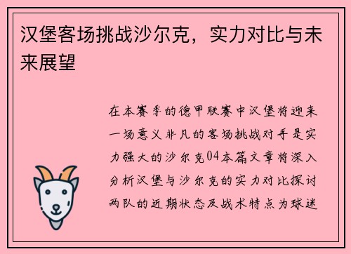 汉堡客场挑战沙尔克，实力对比与未来展望
