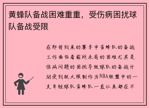 黄蜂队备战困难重重，受伤病困扰球队备战受限