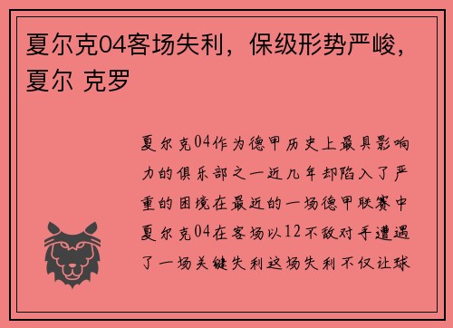 夏尔克04客场失利，保级形势严峻，夏尔 克罗