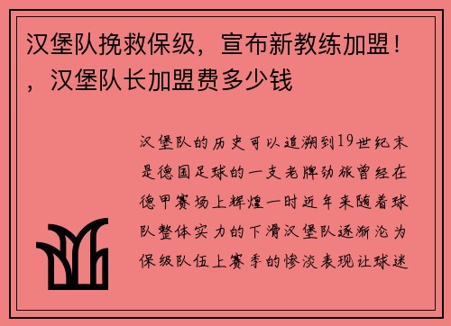 汉堡队挽救保级，宣布新教练加盟！，汉堡队长加盟费多少钱