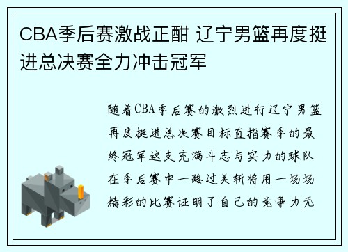 CBA季后赛激战正酣 辽宁男篮再度挺进总决赛全力冲击冠军