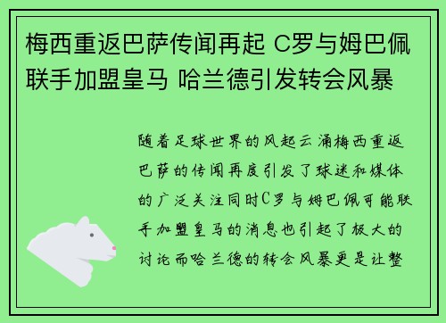 梅西重返巴萨传闻再起 C罗与姆巴佩联手加盟皇马 哈兰德引发转会风暴