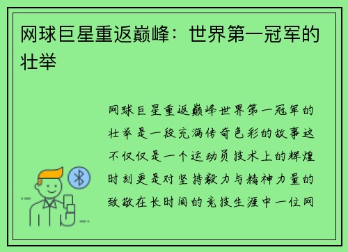 网球巨星重返巅峰：世界第一冠军的壮举