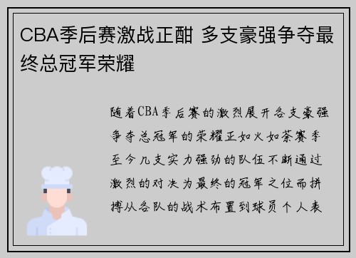 CBA季后赛激战正酣 多支豪强争夺最终总冠军荣耀